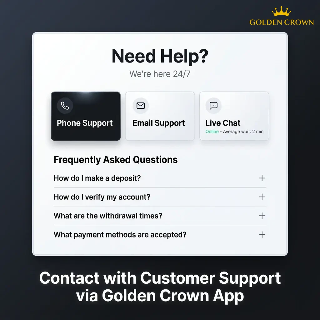 Golden Crown app customer support options showing live chat, email, FAQ section, and in-app help centre available 24/7