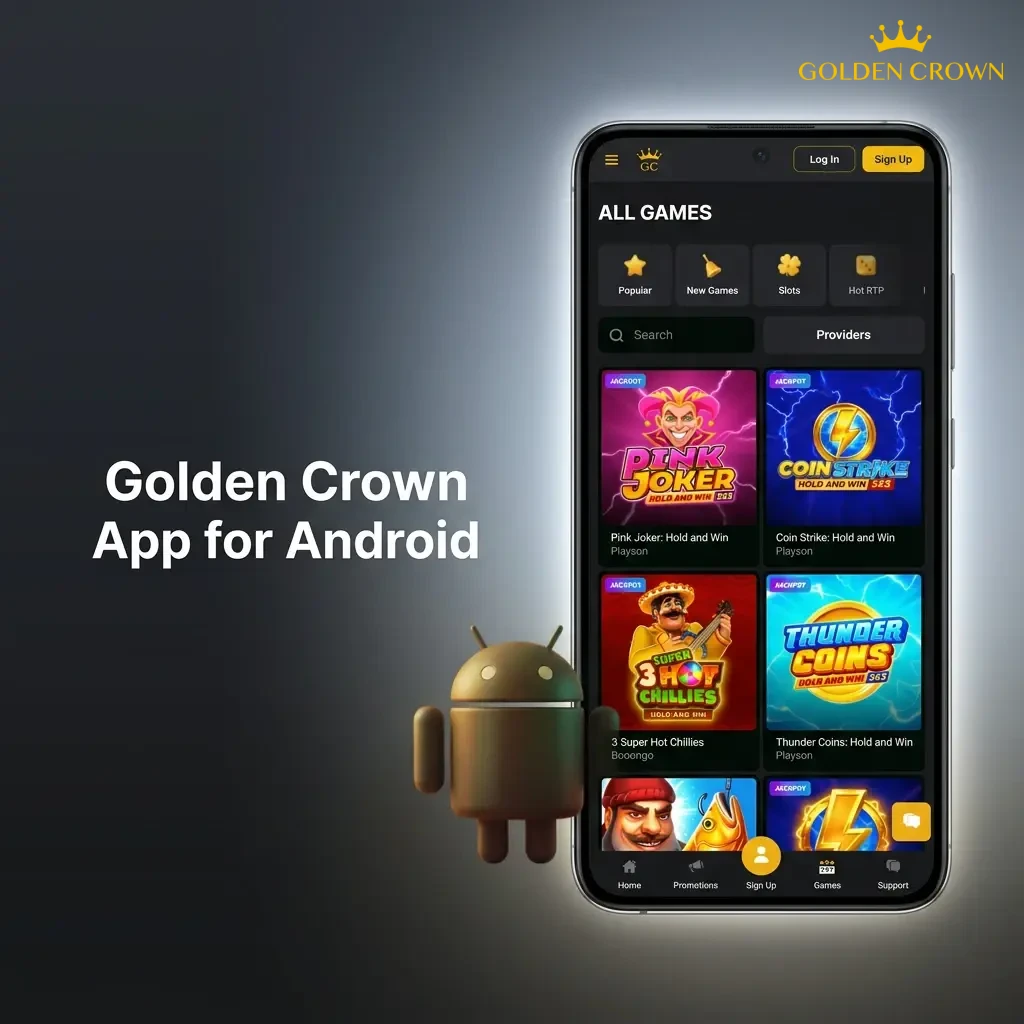 Golden Crown Android app interface showing sports betting and casino games on a mobile device screen