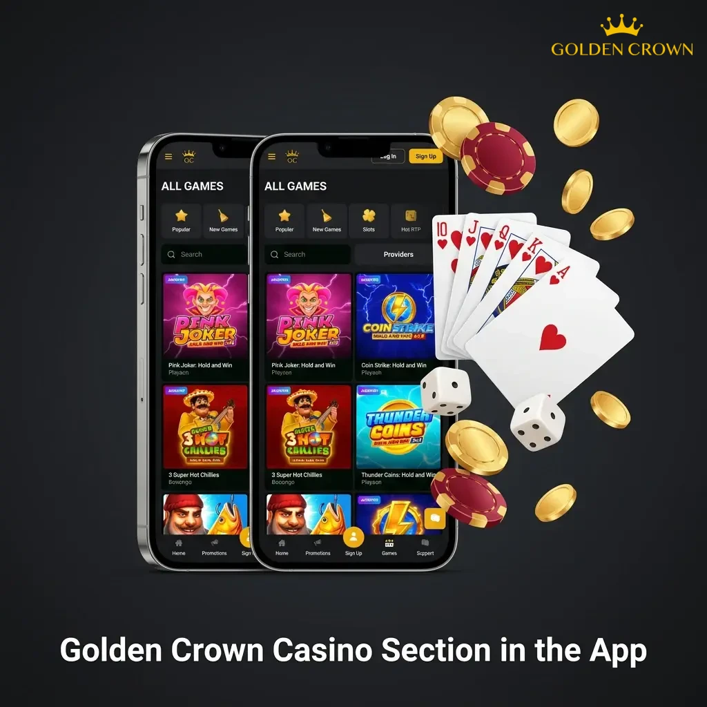 Golden Crown Casino app showing organized game categories including slots, table games, live casino, and jackpot games