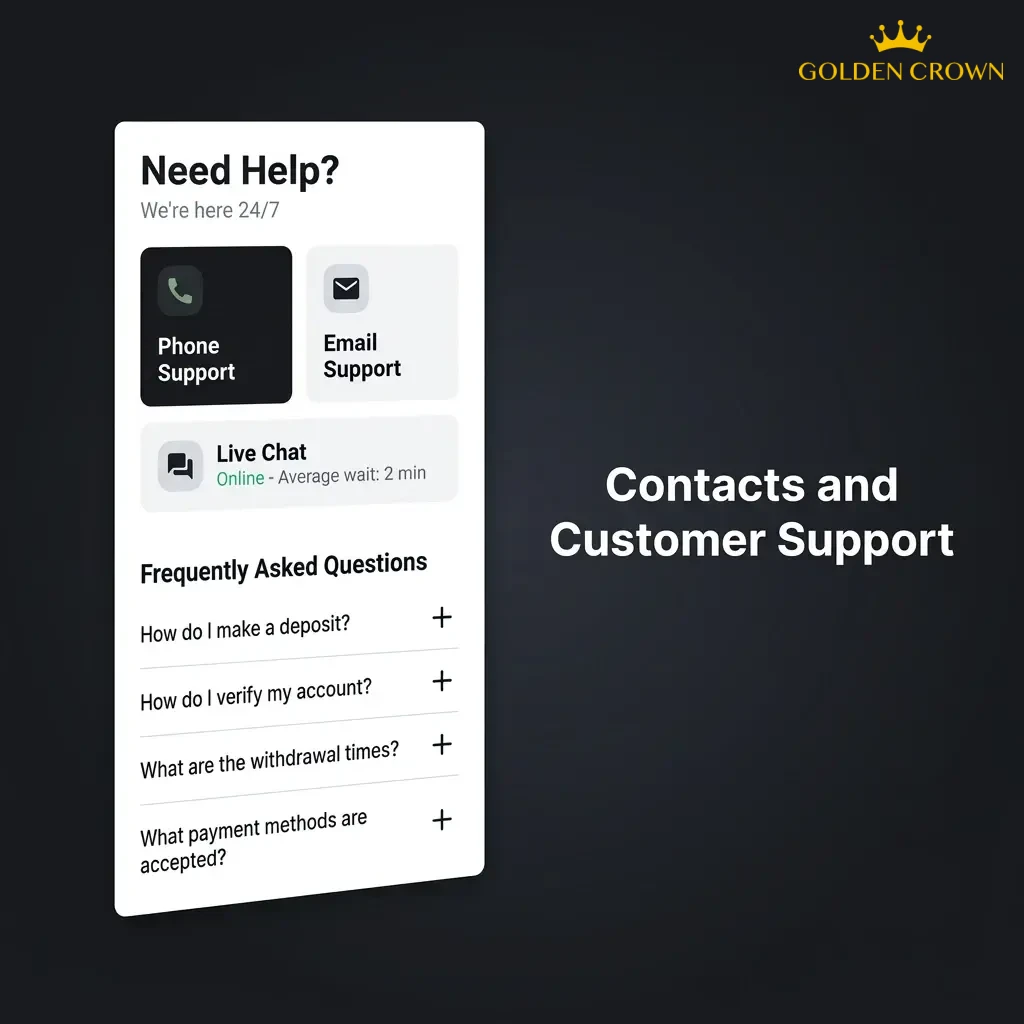 Golden Crown Casino 24/7 customer support options including live chat, email, and FAQ help centre for Australian players.