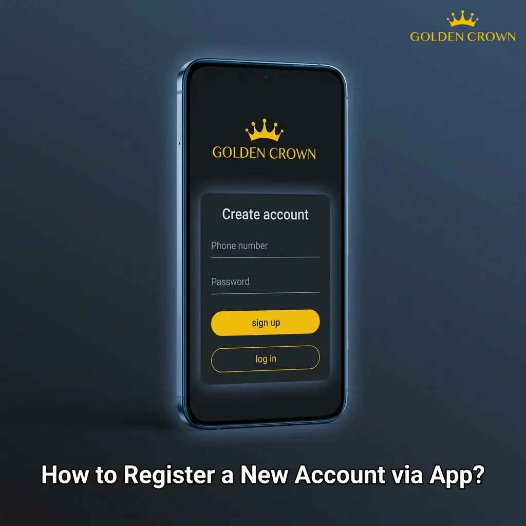 Golden Crown app registration screen showing Sign Up button and fields for name, date of birth, and currency selection