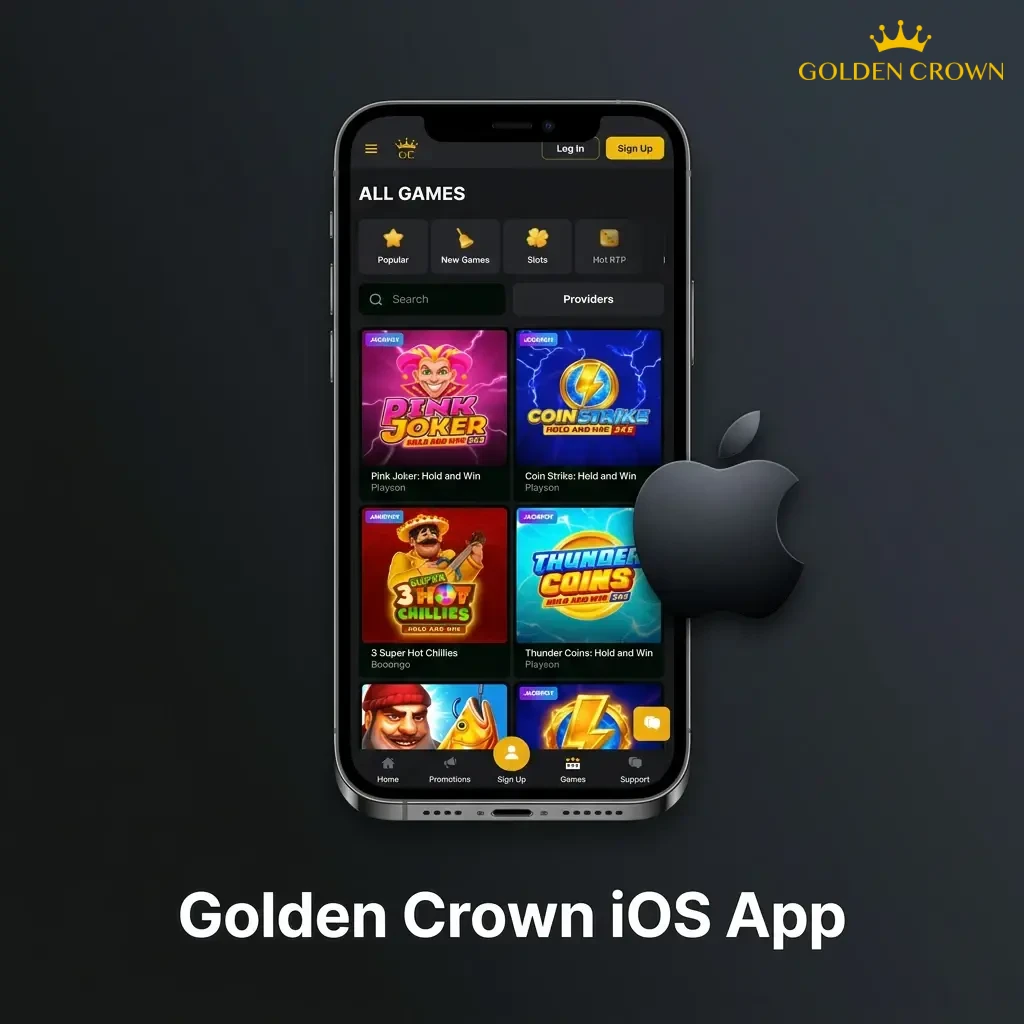 Golden Crown iOS app download steps shown on iPhone, available on App Store for iOS 12.0 and later devices.