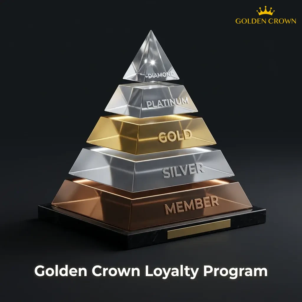 Golden Crown loyalty program tier chart showing Bronze, Silver, Gold, Platinum, and Diamond VIP levels with benefits