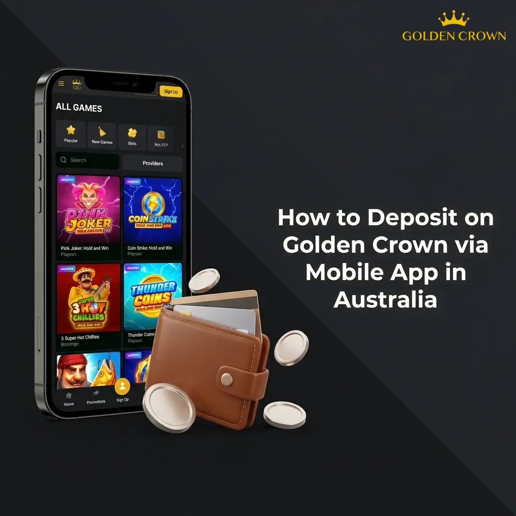 Mobile phone screen showing Golden Crown casino app deposit process with payment method selection in Australia