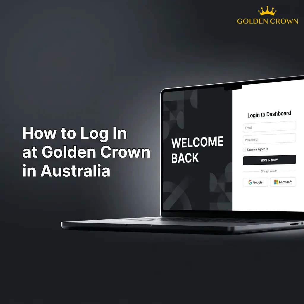 Golden Crown Australia login screen showing email, password fields, and account access steps on desktop or mobile device