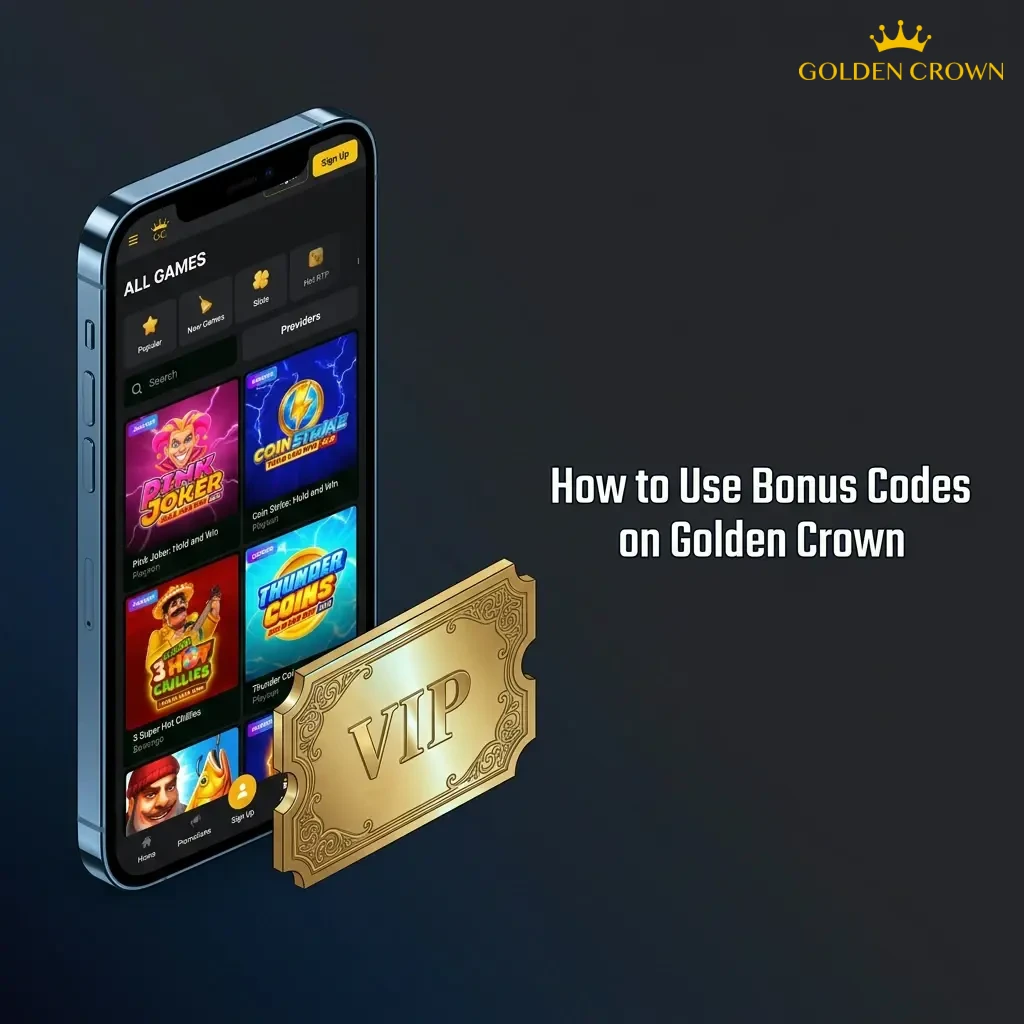 Step-by-step guide showing how to enter a bonus promo code in the Golden Crown casino cashier section.
