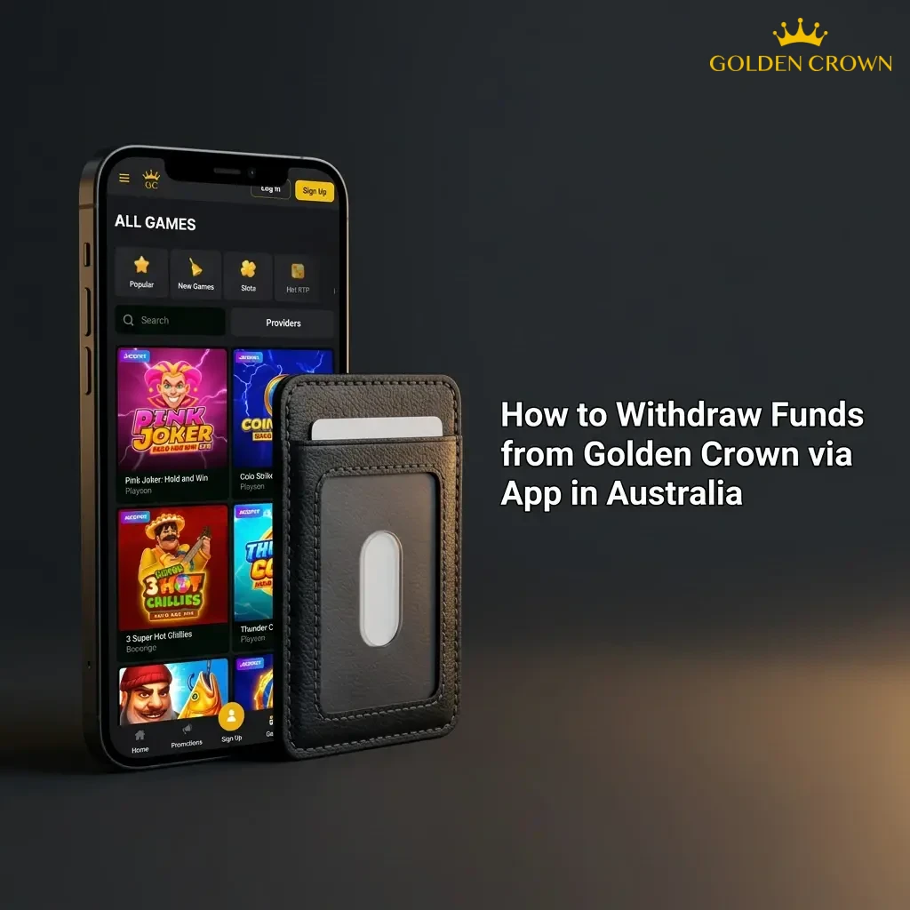 Mobile app withdrawal screen showing Golden Crown casino cashier with payment method selection and withdrawal confirmation steps.