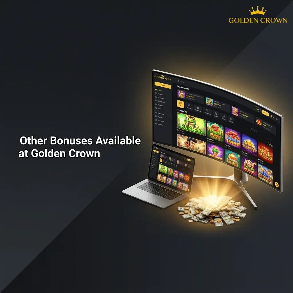Golden Crown Casino promotions including reload bonuses, free spins, cashback, loyalty rewards, and referral bonuses