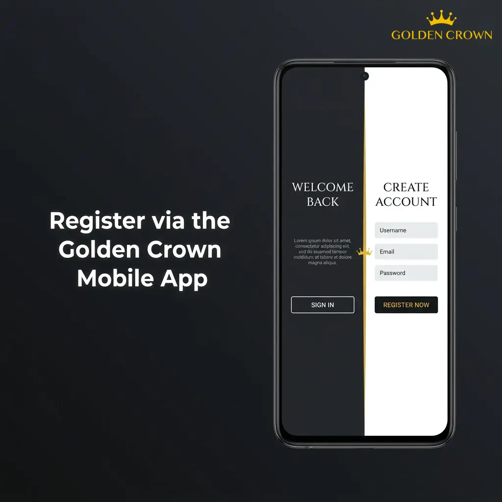Golden Crown mobile app registration steps on iOS and Android device screen