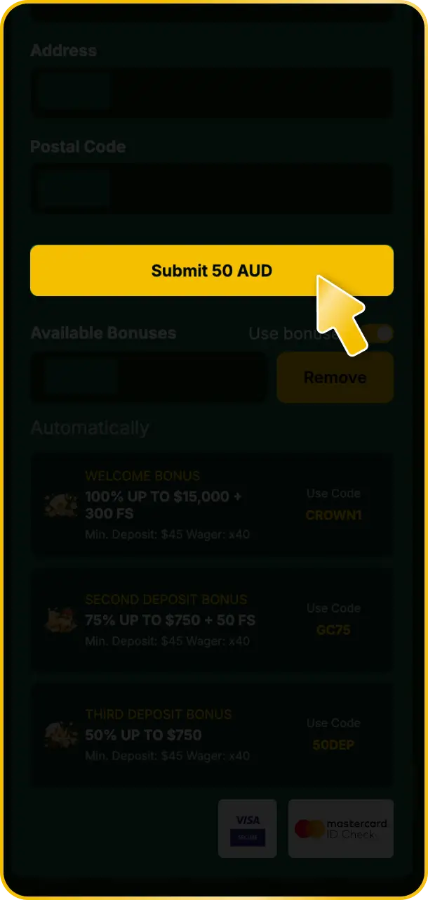 Complete the transaction to instantly receive your funds and bonuses at Golden Crown.
