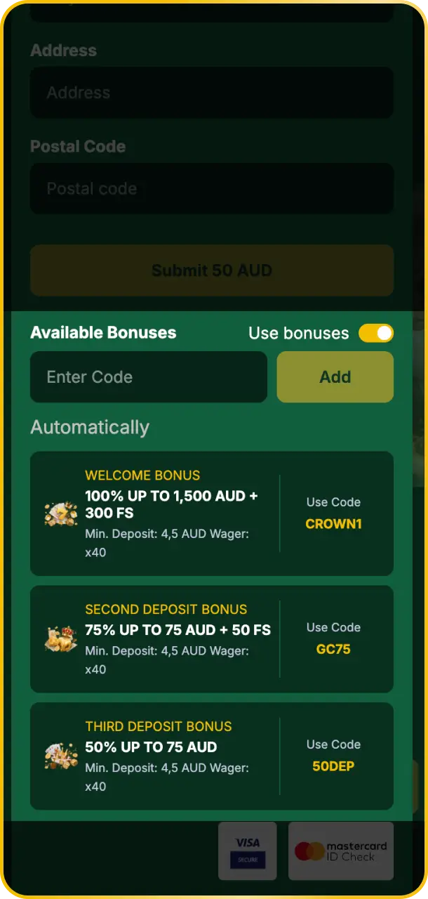 Enter the bonus code in the designated field at Golden Crown to unlock rewards.